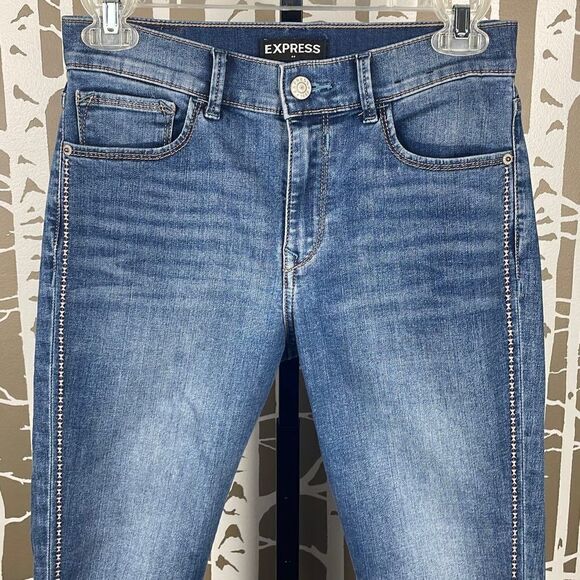 Express High Rise Embroidered Tuxedo Stripe Cropped High Rise Denim Legging / Je - Picture 6 of 11